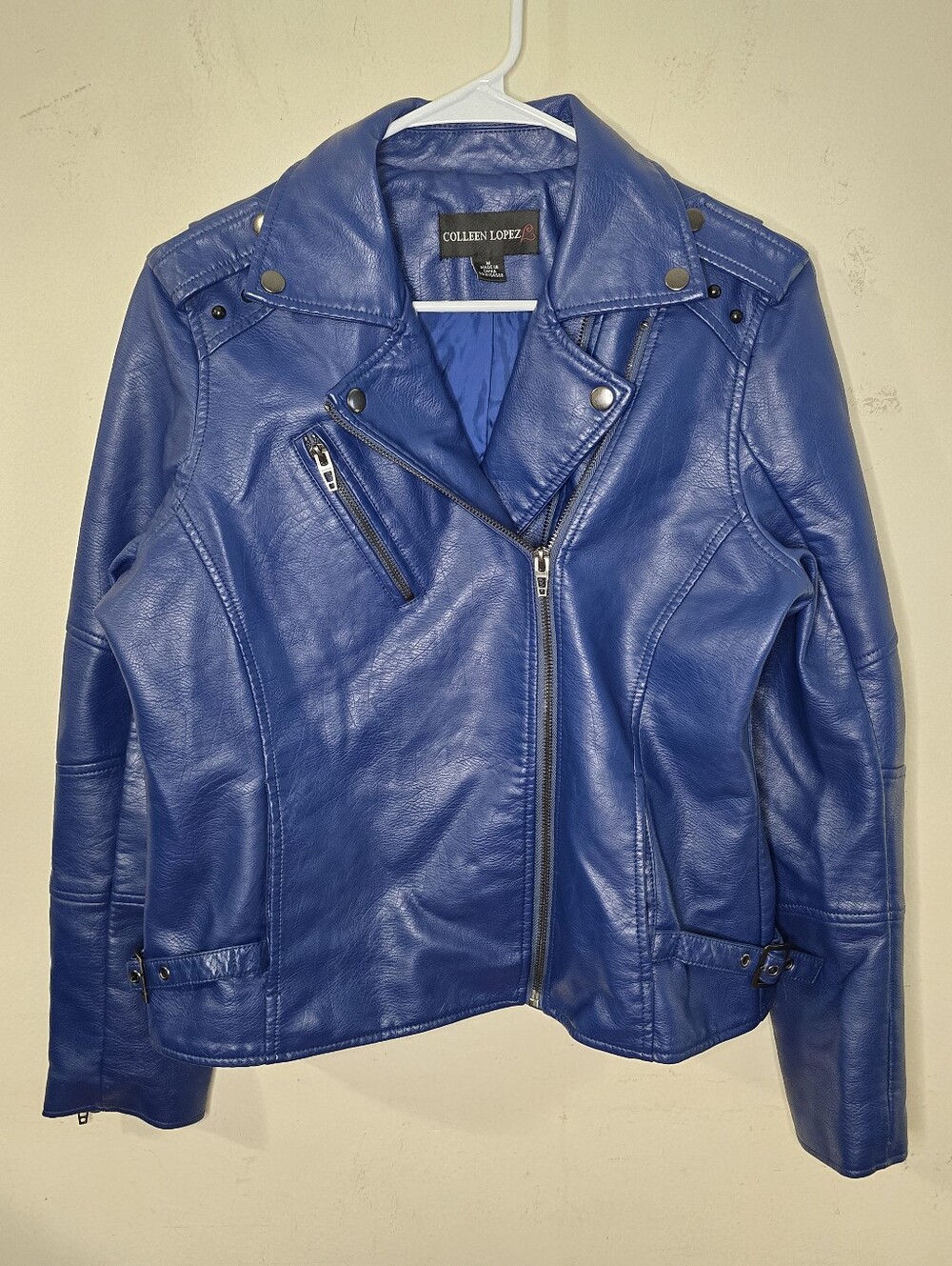 Colleen Lopez Blue Faux Leather Studded Moto Biker Jacket Women's Size Medium